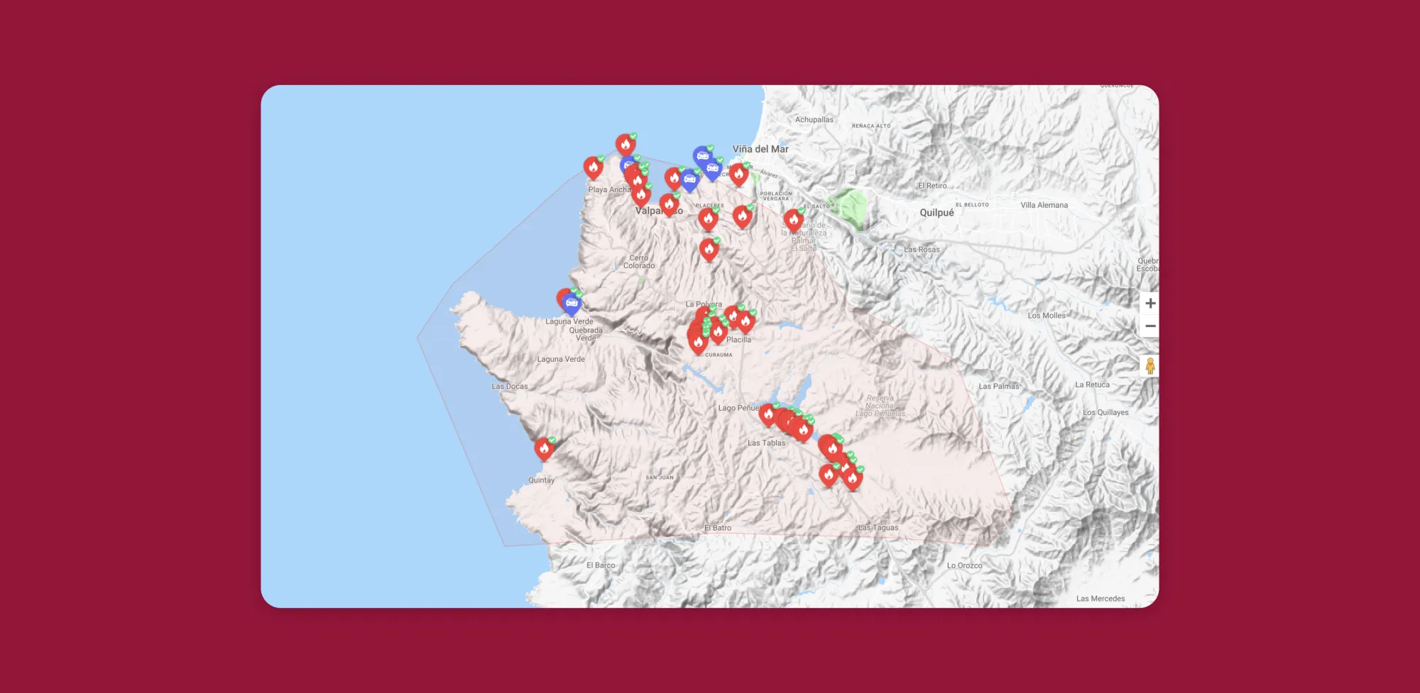 Mapa con pines de incendio y accidentes de reportes recibidos en la plataforma SOSAFE que usa el Cuerpo de Bomberos de Valparaíso.