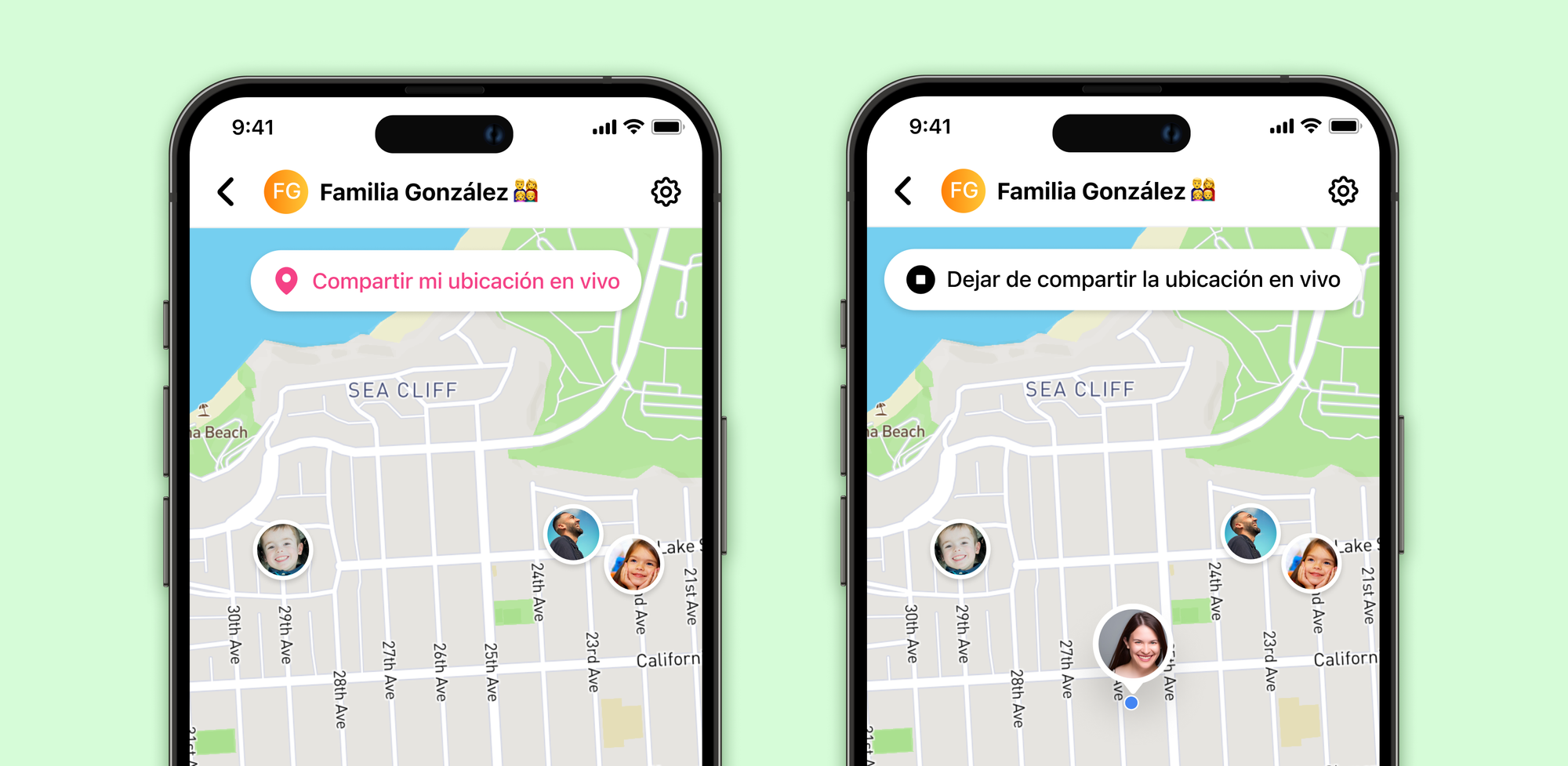 Imágenes de la aplicación SOSAFE en un teléfono con un mapa y una mamá compartiendo su ubicación con su familia.